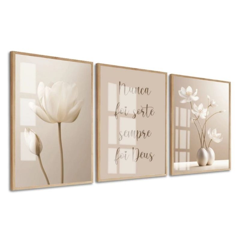 Quadro Decorativo Flores Tons Nude Bege Com Frase Nunca Foi Sorte Sempre Foi Deus em Oferta na Shopee
