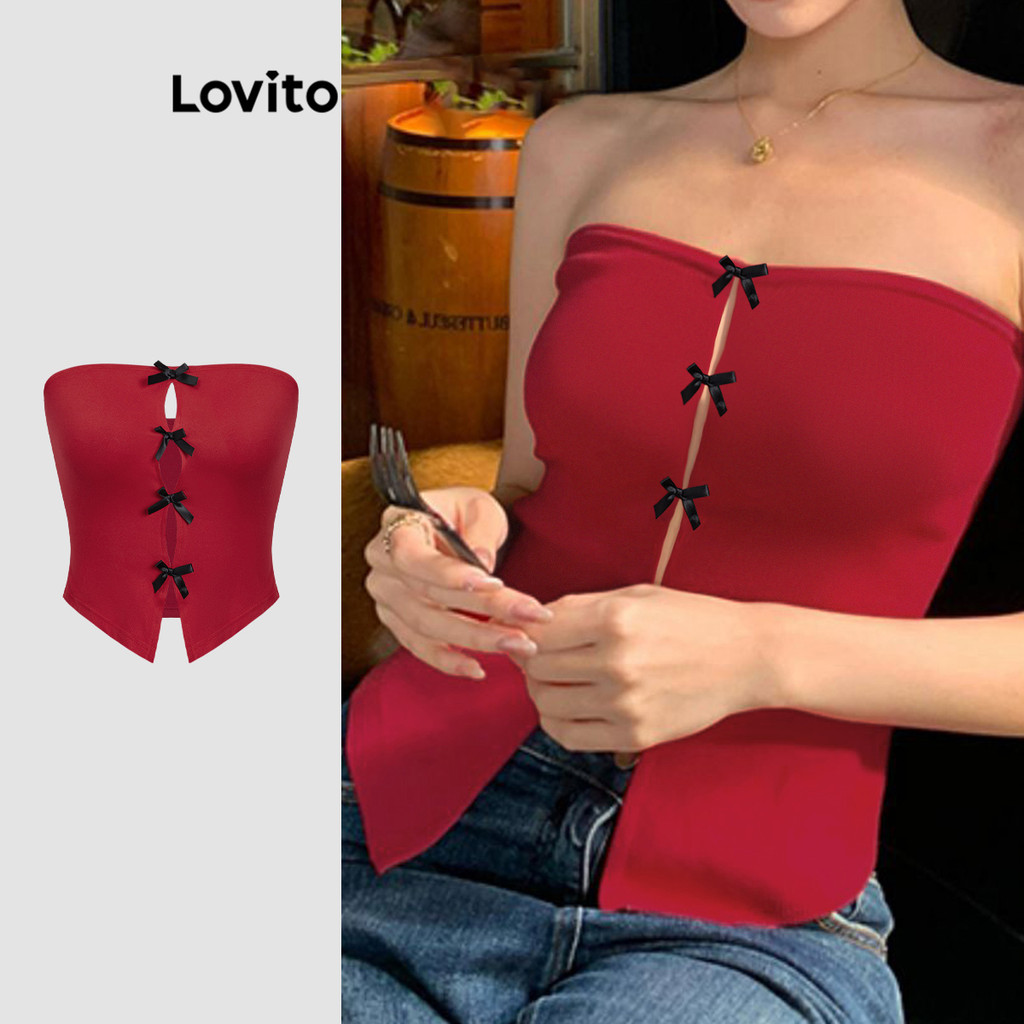 Lovito Regata Casual de renda frontal com gravata lisa para mulheres L114AD486 - Women Clothes