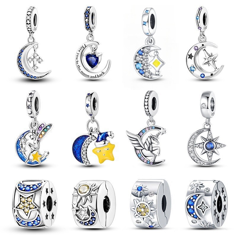 S925 prata esterlina charme pingente com zircão brilhante estrela lua série compatível com pulseira Original DIY jóias