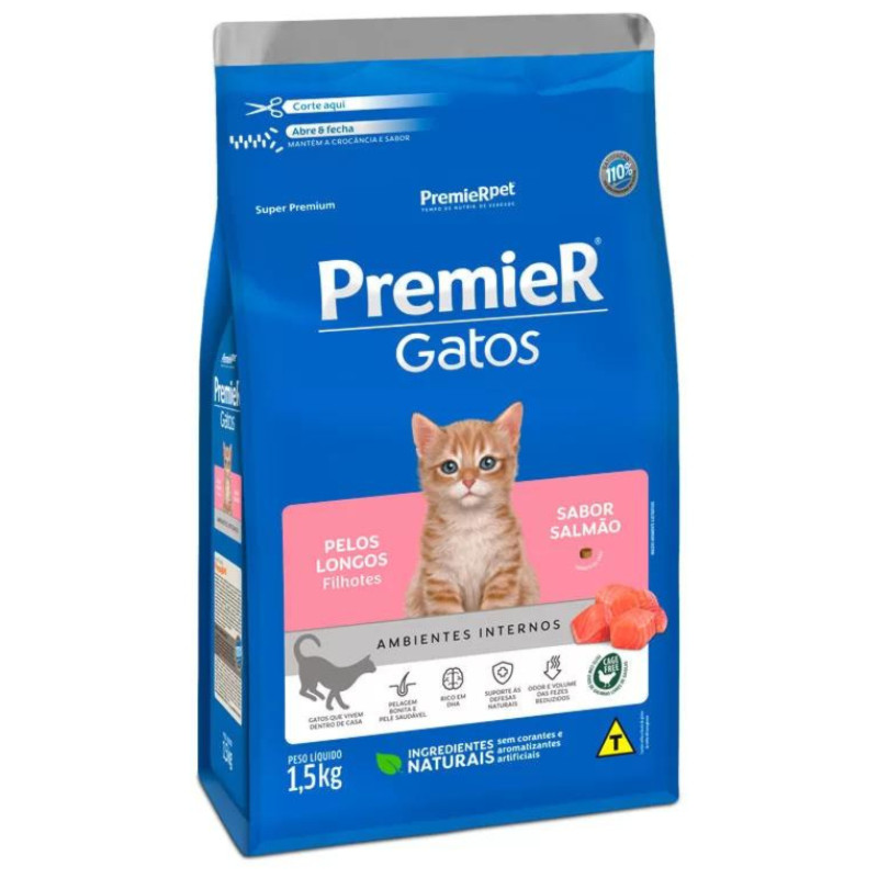 Ração PremieR Ambientes Internos Gatos Filhotes De Pelo Longo Salmão 1,5 kg - Pets