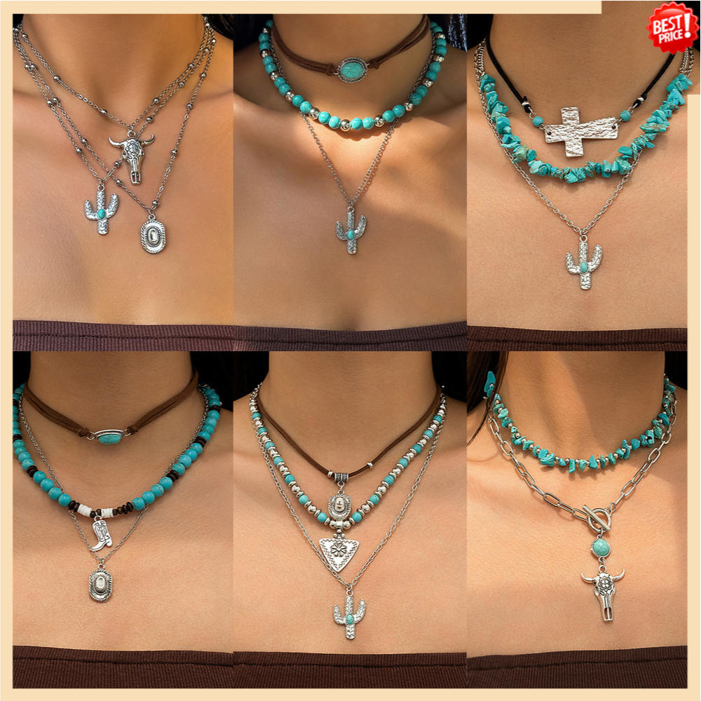 Moda Vintage 3 Camadas Turquesa Cabeça De Vaca Clavícula Corrente Frisado Colar Para Mulheres Étnico Cactus Pingente Cru