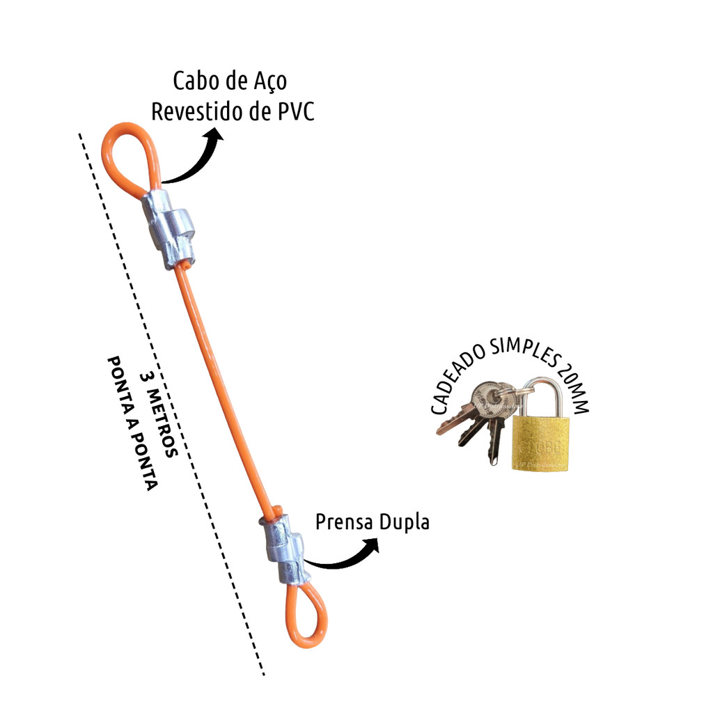 1  Lacre de Segurança Multiuso 3 Metros + 1 Cadeado 20mm - Trava Porta Bolsa Bike Gopro