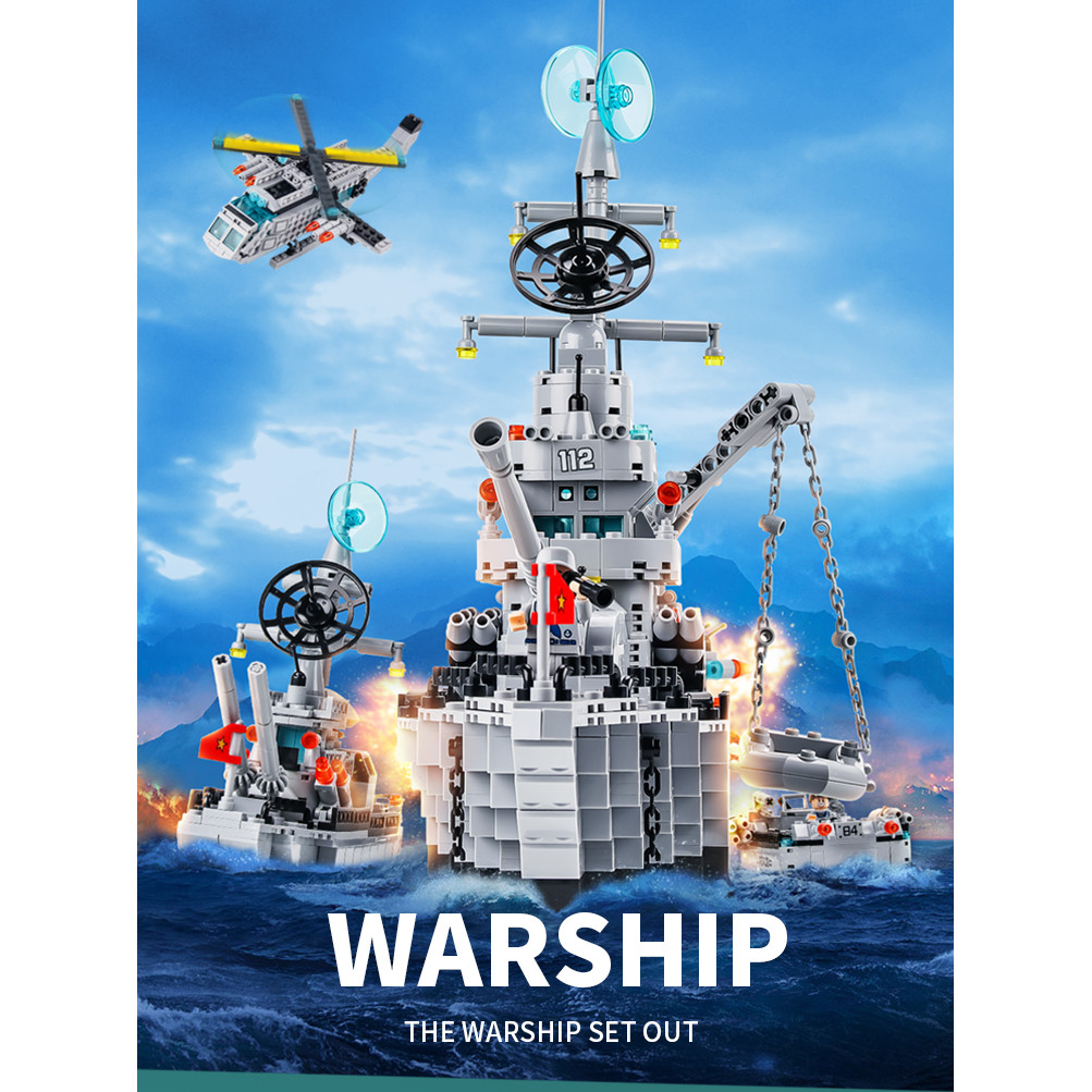 Novo modelo de montagem de blocos de construção da série militar: porta-aviões, cruzador, navio de guerra, brinquedo edu