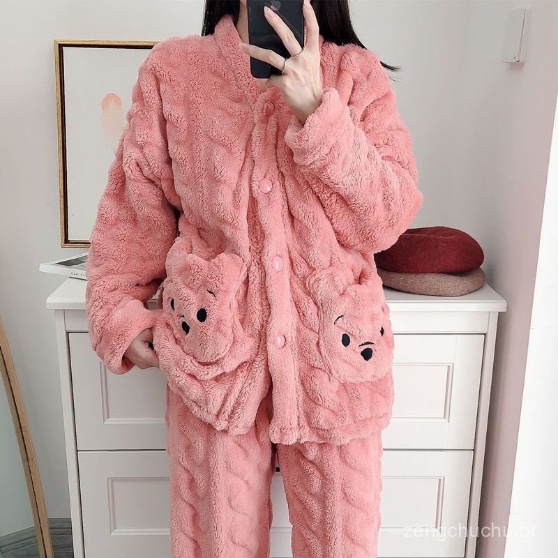 Pijama Feminino de 2 peças de Pijama de Outono Inverno Pijama Feminino de Lã de Coral Pensando Roupa de Estudante Cartoo em Oferta na Shopee