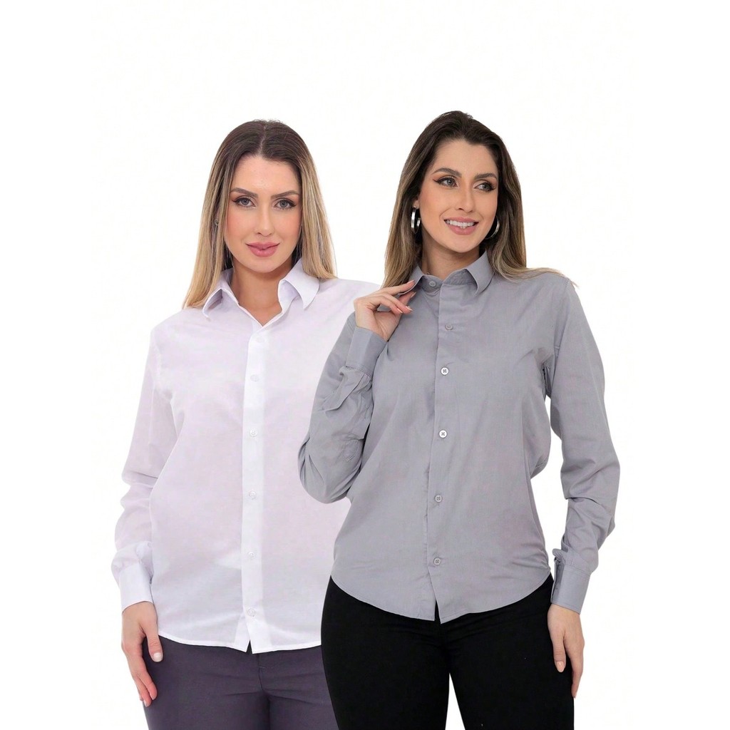 KIT Feminino 2 Peças - Camisa Social Manga Longa Slim Lisa Cinza e Camisa Social Manga Longa Slim Lisa Branco