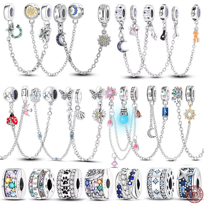 S925 prata Original charme contas de corrente de segurança adequadas para 3mm pulseira Original DIY jóias presente em Oferta na Shopee