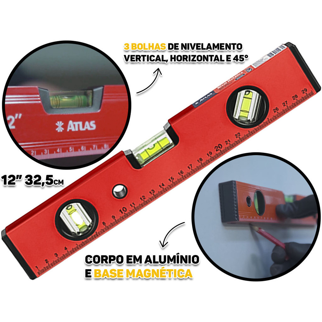 Nível Metálico Com Base Magnética Profissional Três Bolhas Nivelamento Horizontal E Vertical 12 Polegadas em Oferta na Shopee