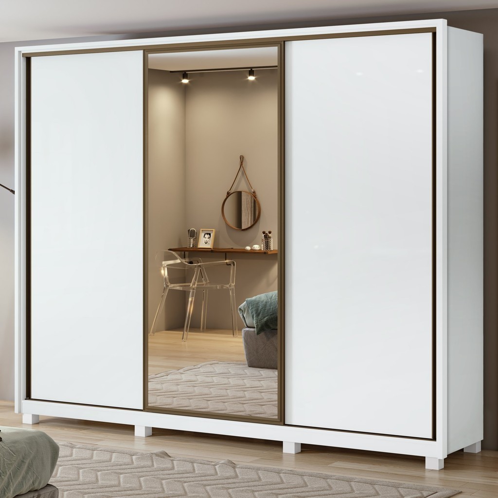 Guarda Roupa Casal com Espelho 3 Portas de Correr 6 Gavetas e Pés 270,5cm Spazio Glass Espresso Móveis 100% MDF - Mom & Baby