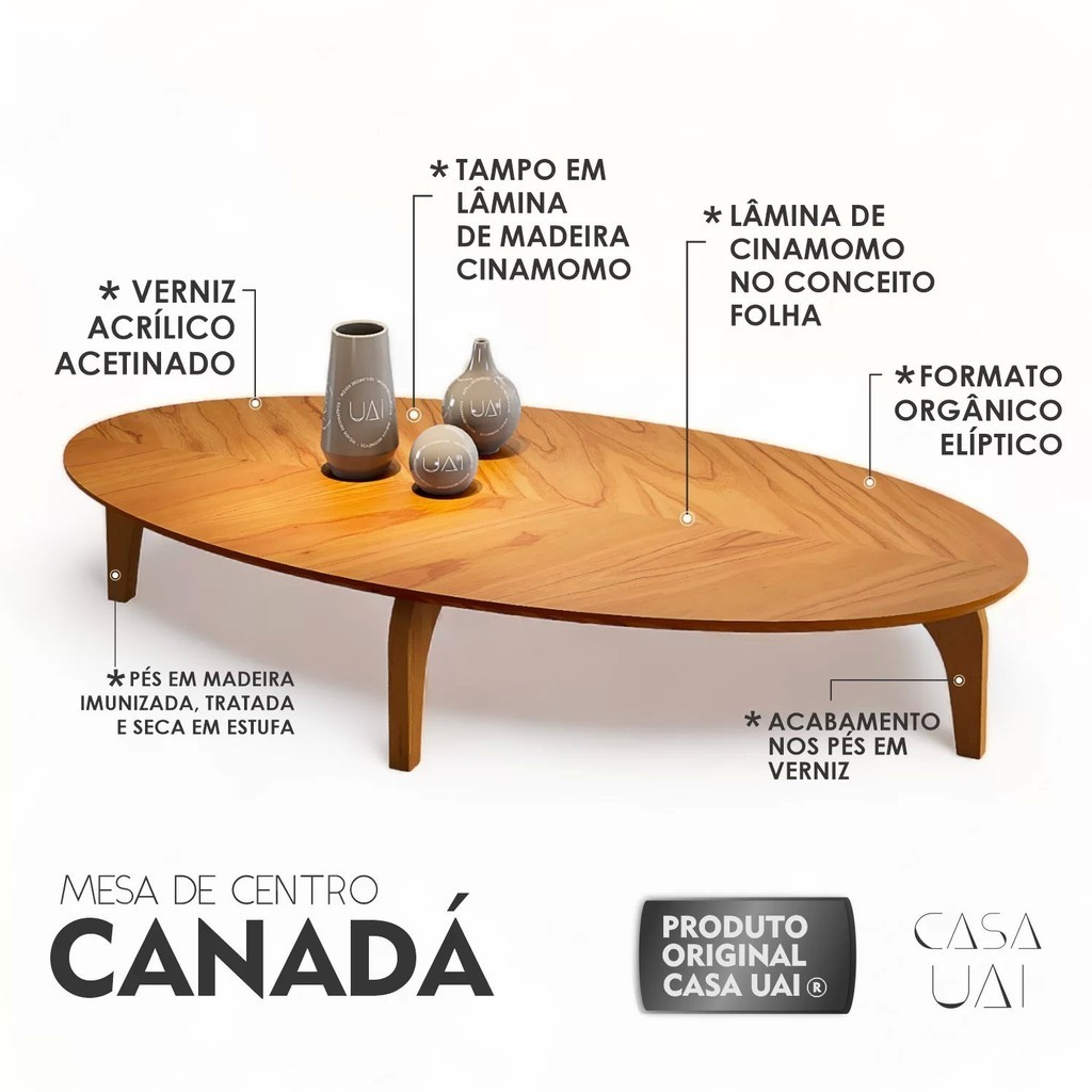 Detalhes do Mesa de Centro Oval Orgânico em MDF Pés Madeira Maciça Laminada 100x45cm Canada Madeira Mel