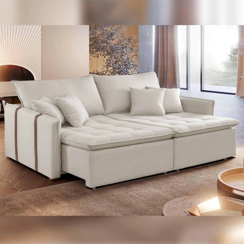 Sofá Cama em Madeira Eucalipto 200cm Detroid Yescasa Veludo   Veludo Bege Claro - Home & Living