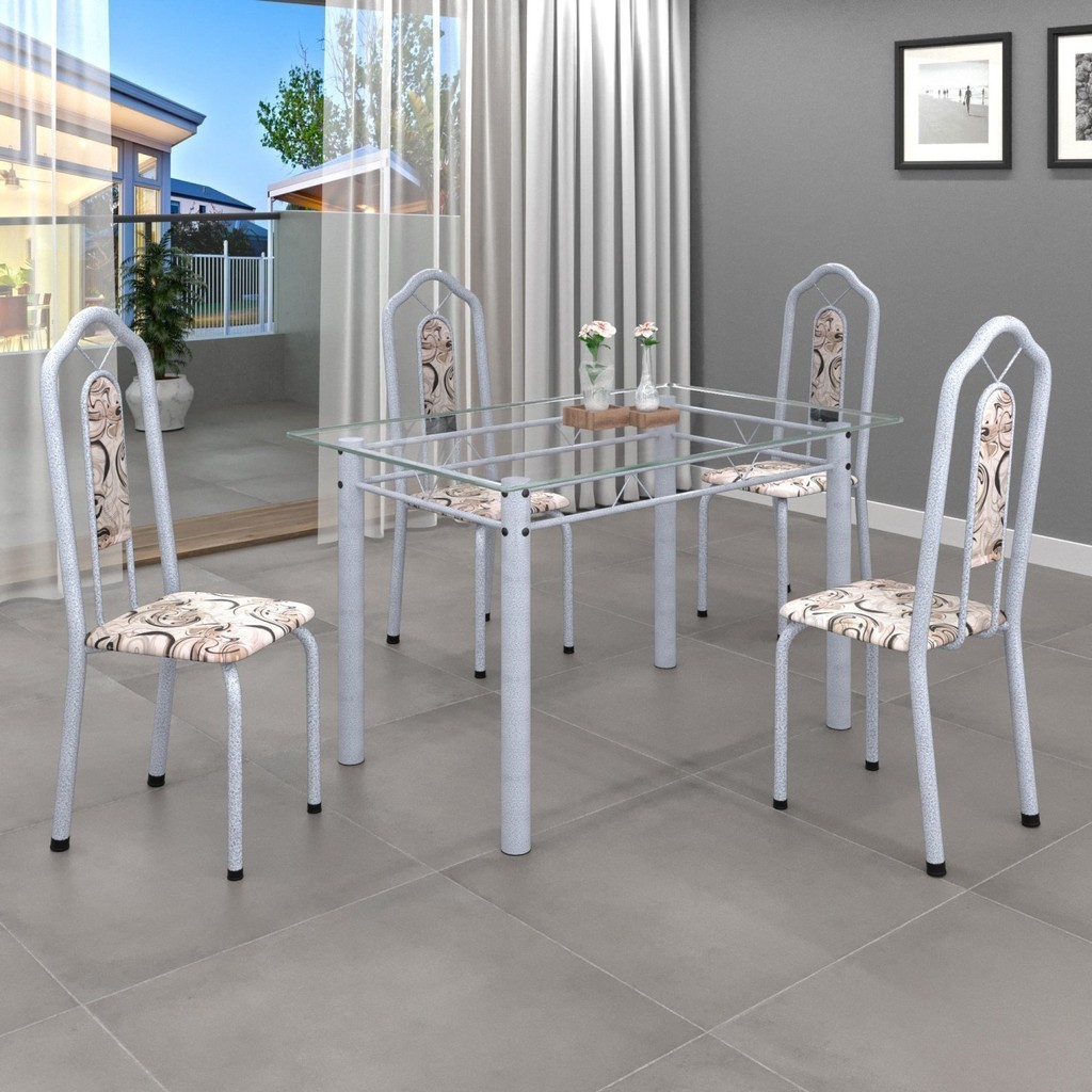 Conjunto de Mesa 120x75cm Tampo Vidro com 4 Cadeiras Bianca  Arabesco/Mart Pérola/Vidro Incolor
