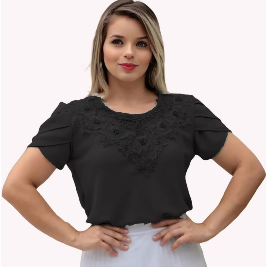Blusa Camisa Preto Detalhes em Pérolas Pedrinha Manga Curta Renda Social Moda Evangélica Romântica Social Bordada para Congresso Igreja Fardamento