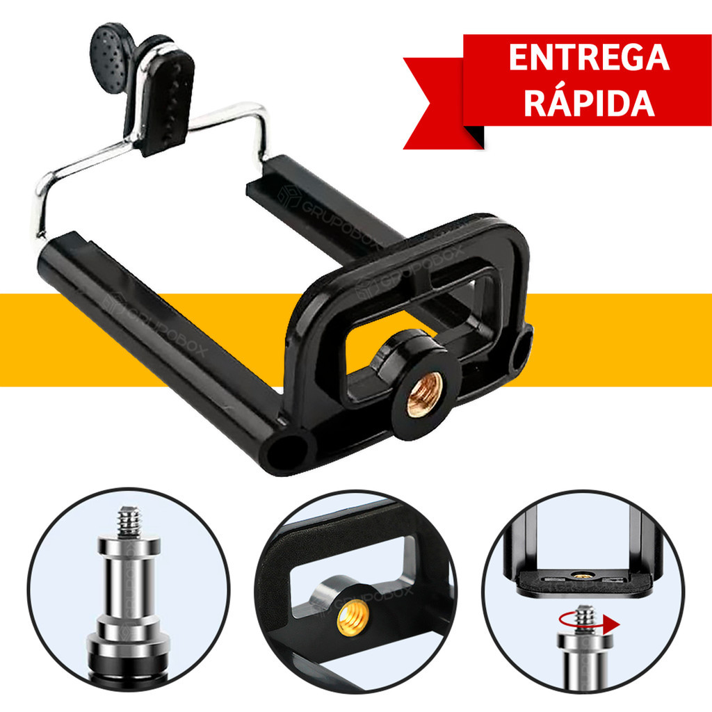 Suporte Adaptador Clipe Celular Rosca 1/4 Para Tripe Bastao