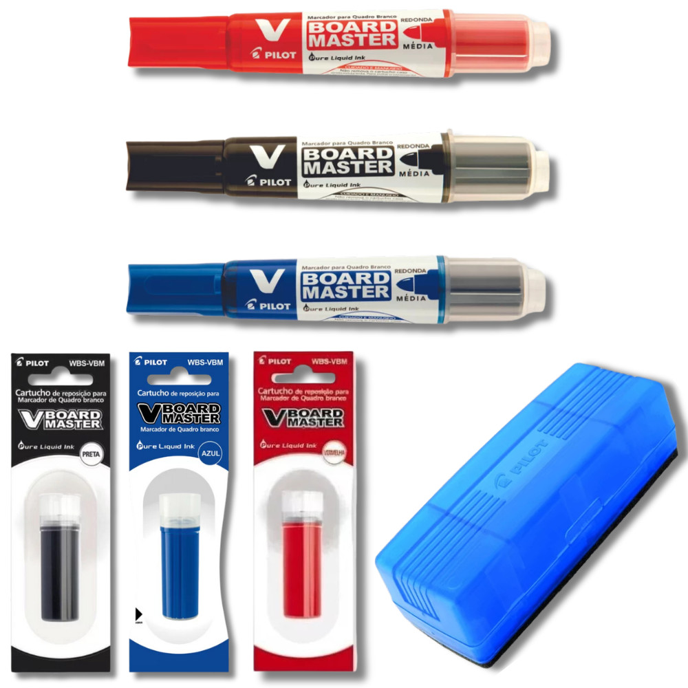 Kit 3 Marcadores Quadro Branco Recarregável + 3 Refil Marcador + Apagador de Quadro Branco PILOT