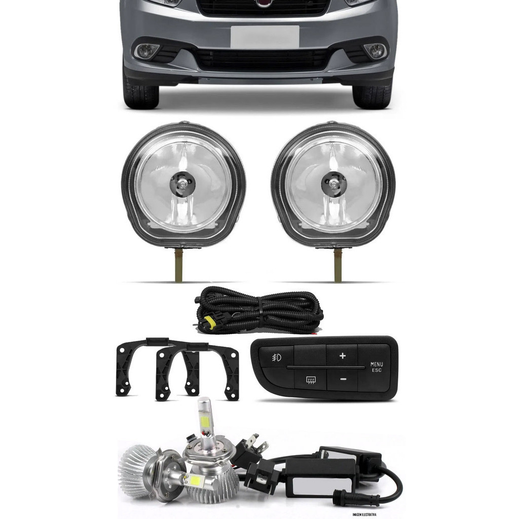 Kit Farol de Milha Fiat Grand Siena 2012 á 2021 - Botão Painel + Kit Lâmpada Super LED 6000K