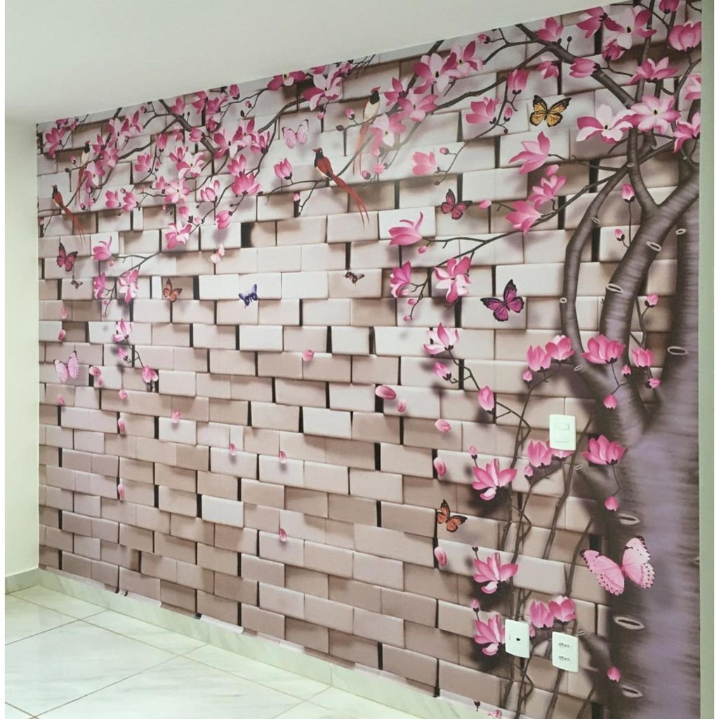 Papel de Parede Design Floral Árvore e Tijolinhos 3D Quarto E Sala Lançamento m²