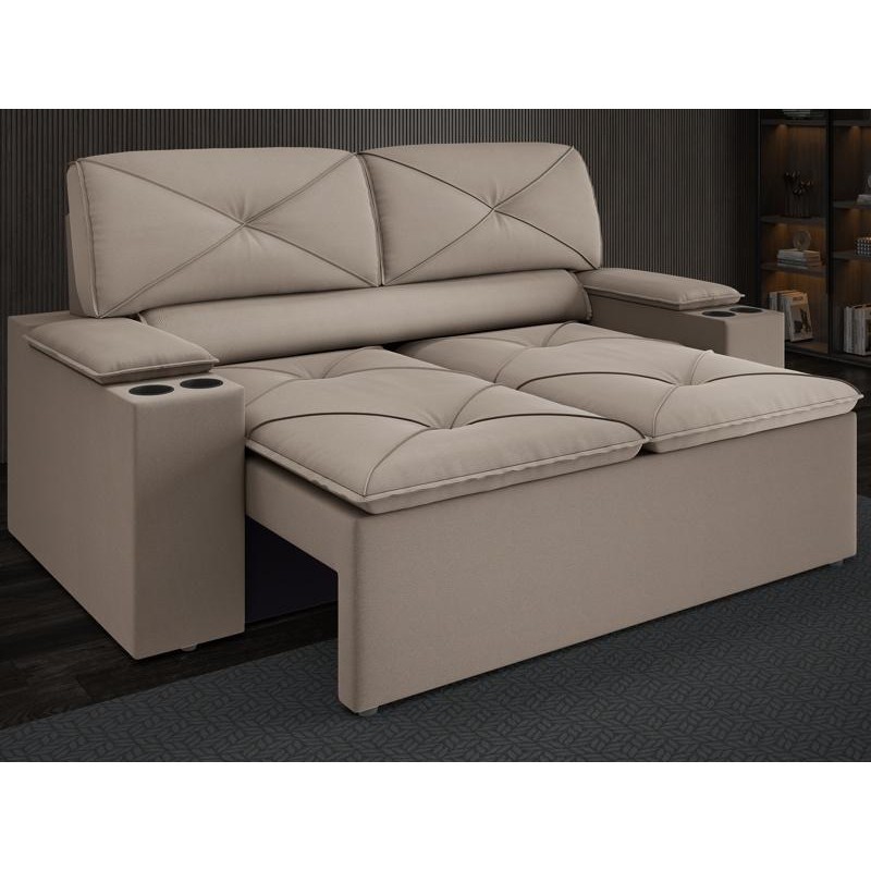Sofá com Porta Copos Retrátil e Reclinável Pop 1,54m Velosuede Capuccino - NETSOFAS em Oferta na Shopee