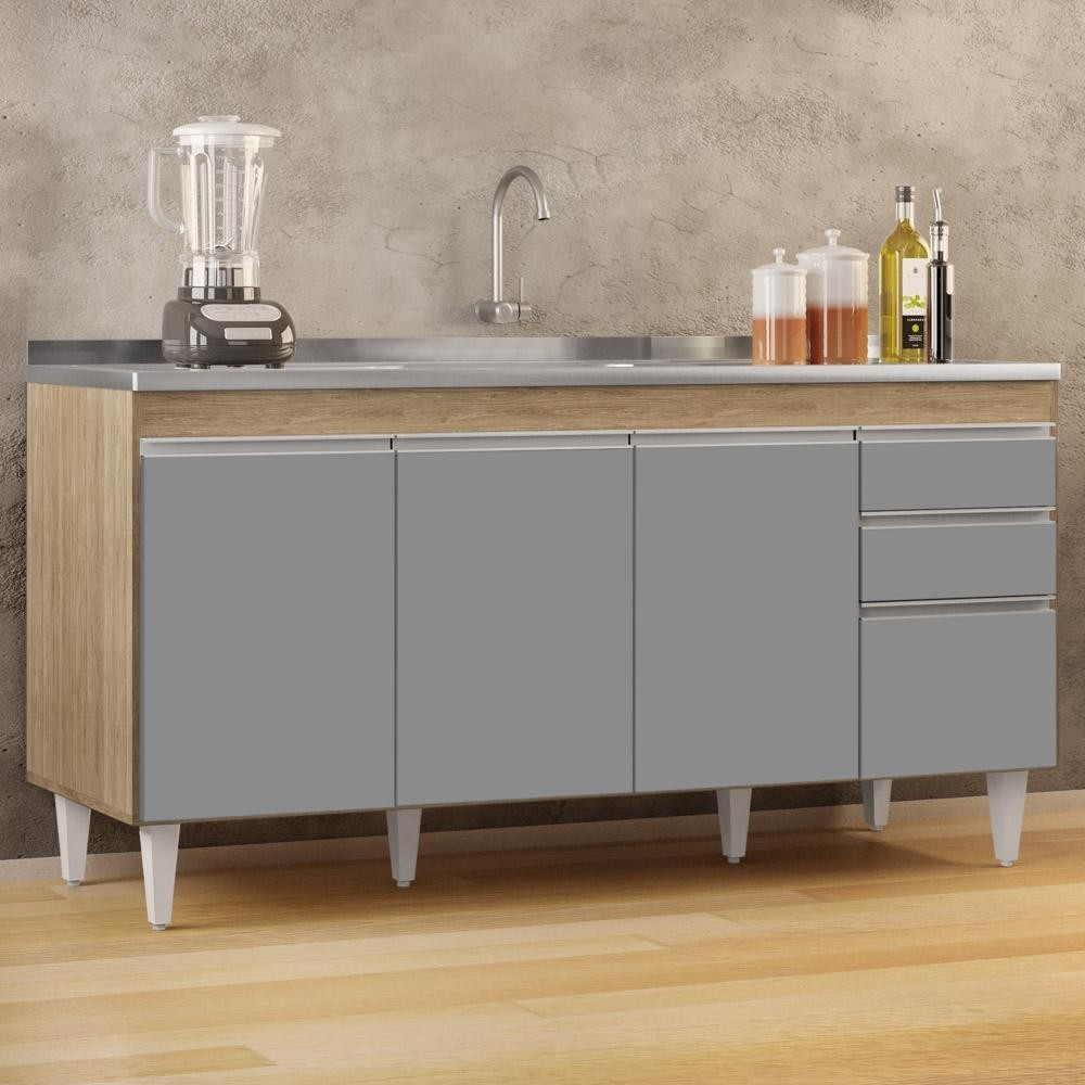 Balcão Gabinete com Pia Inox 160cm Arkansas Castanho/Cinza - Lumil em Oferta na Shopee