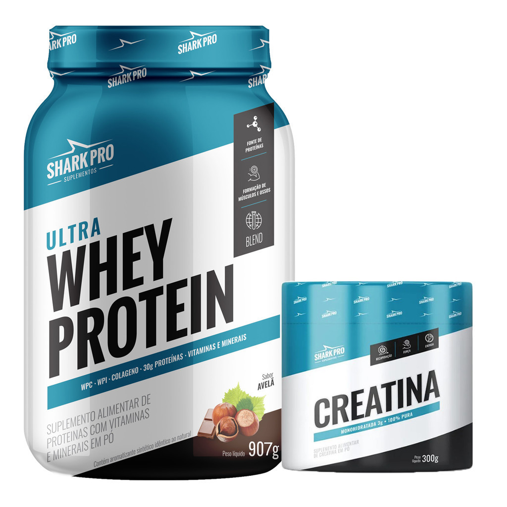 Kit Ultra Whey Protein Chocolate Com Avela 907g Shark Pro + Creatina Monohidratada 300g Shark Pro