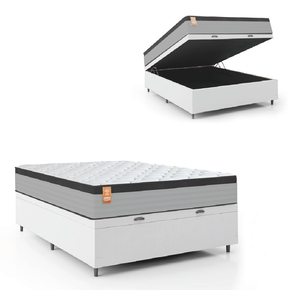 Cama Box Baú Colchão Casal Molas Ensacadas Real 138x188x68cm Linho Branco / Preto Inducol - Suporta até 130kg por Pessoa em Oferta na Shopee
