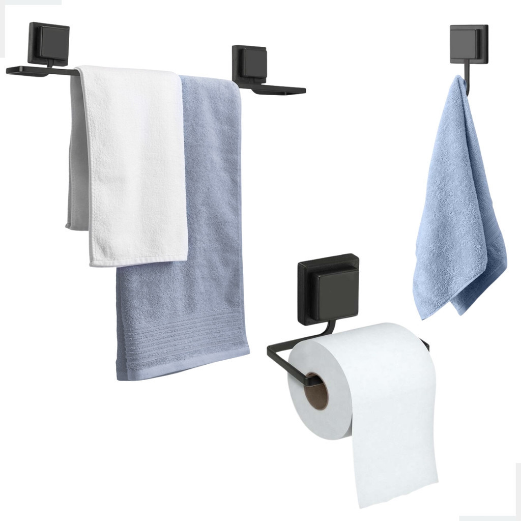 Kit 3 Peças Banheiro Papeleira Gancho Toalheiro De Banho Adesivo 3m Fixação Dupla Face Preto Arthi em Oferta na Shopee