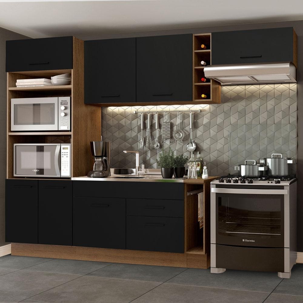 Cozinha Completa Madesa Agata 290002 com Armário e Balcão (Sem Tampo e Pia) - Rustic/Preto - Home & Living
