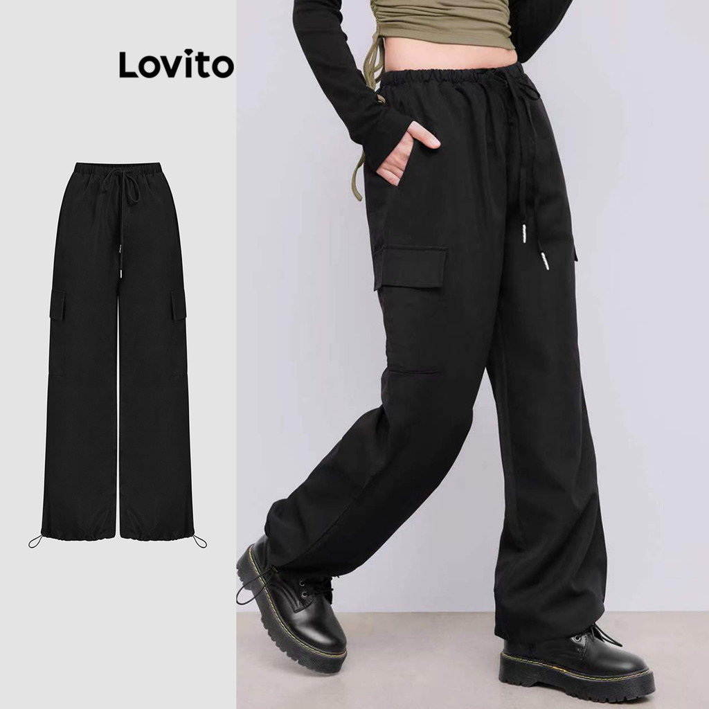 Lovito Calças casuais lisas com bolso e cordão para mulheres L121MD533 - Women Clothes