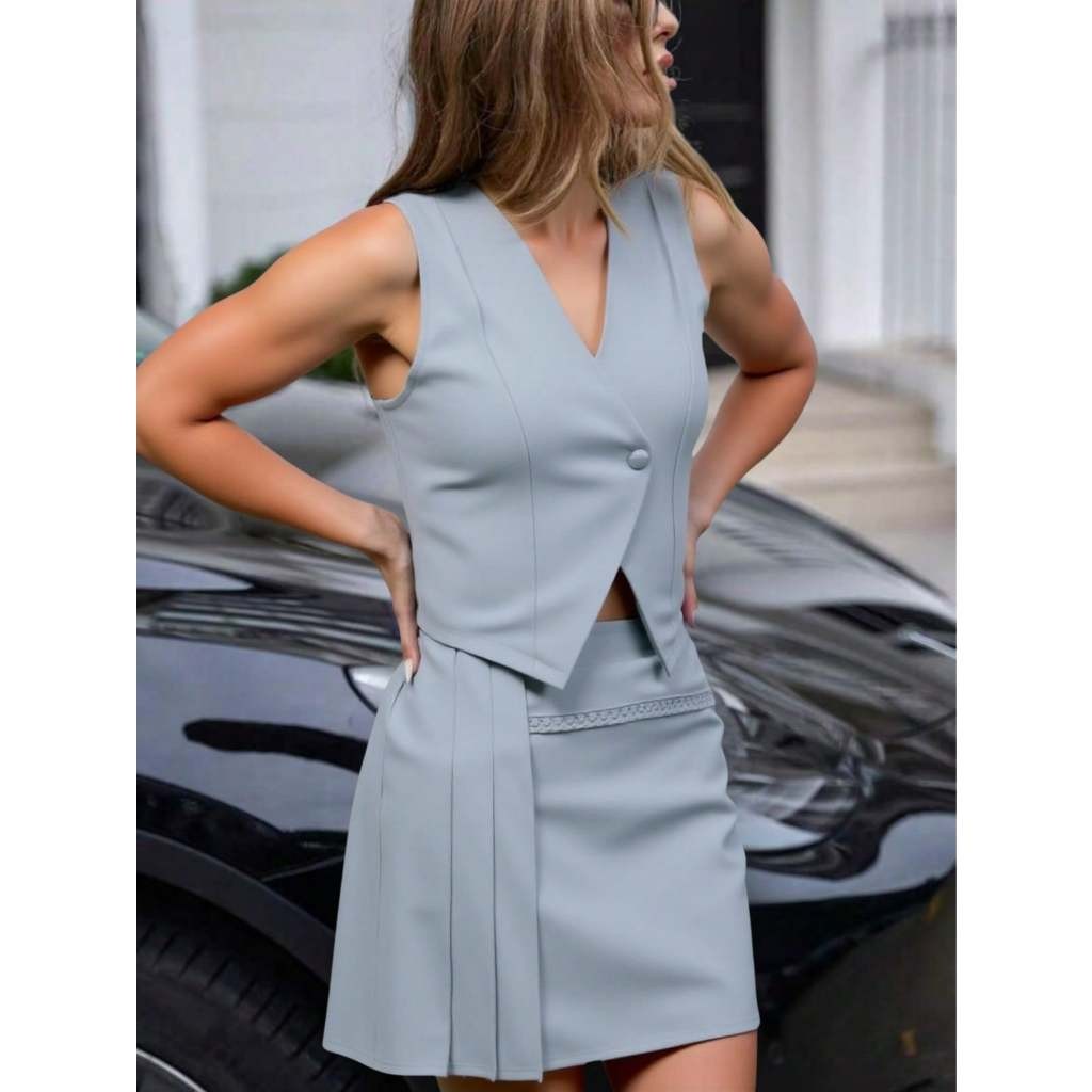 Liu Fashion Conjunto 2 Peças Casual Feminino Com Colete Blazer Sem Mangas E Saia Franzida De Verão