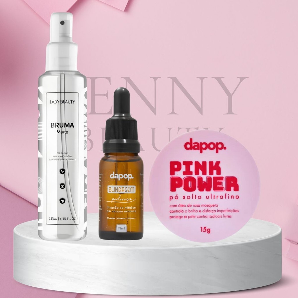Kit Maquiagem Blindagem Dapop + Bruma Fixadora Matte Lady Beauty + Pó Rosa Mosqueta Dapop