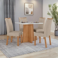 Conjunto Mesa de Jantar Celebrare 1,20 com vidro e 4 cadeiras Apogeu Tecido Linho Rinzai Bege Amendoa Clean/off White