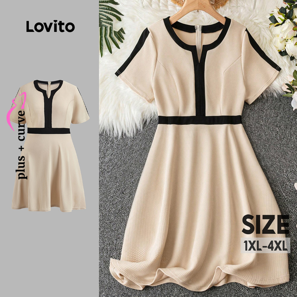 Lovito Vestido Plus Size Curve Elegante Tecido Simples Costura Contraste Encadernação para Mulheres LBL22181 - Women Clothes