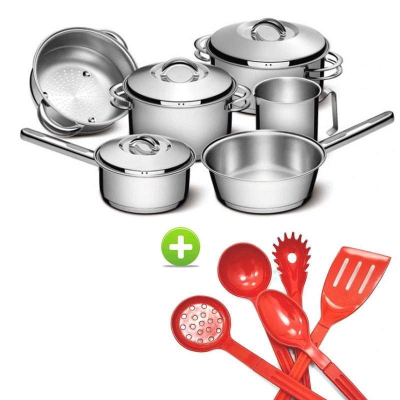 Jogo de Panelas Aço Inox Solar Tramontina Fundo Triplo Indução 6 Peças e Utensílios 5 peças Vermelho