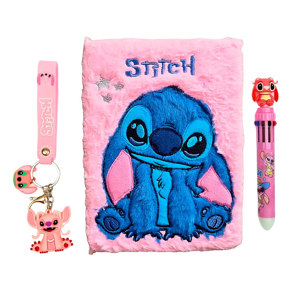 Kit Fofo Caderno De Pelúcia Stitch Caneta 10 Cores Chaveiro