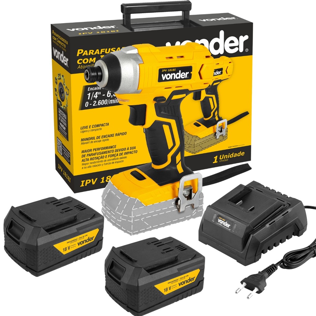 Parafusadeira De Impacto 1/4" 18V IPV1818I Intercambiável Com Duas Bateria E Carregador Vonder