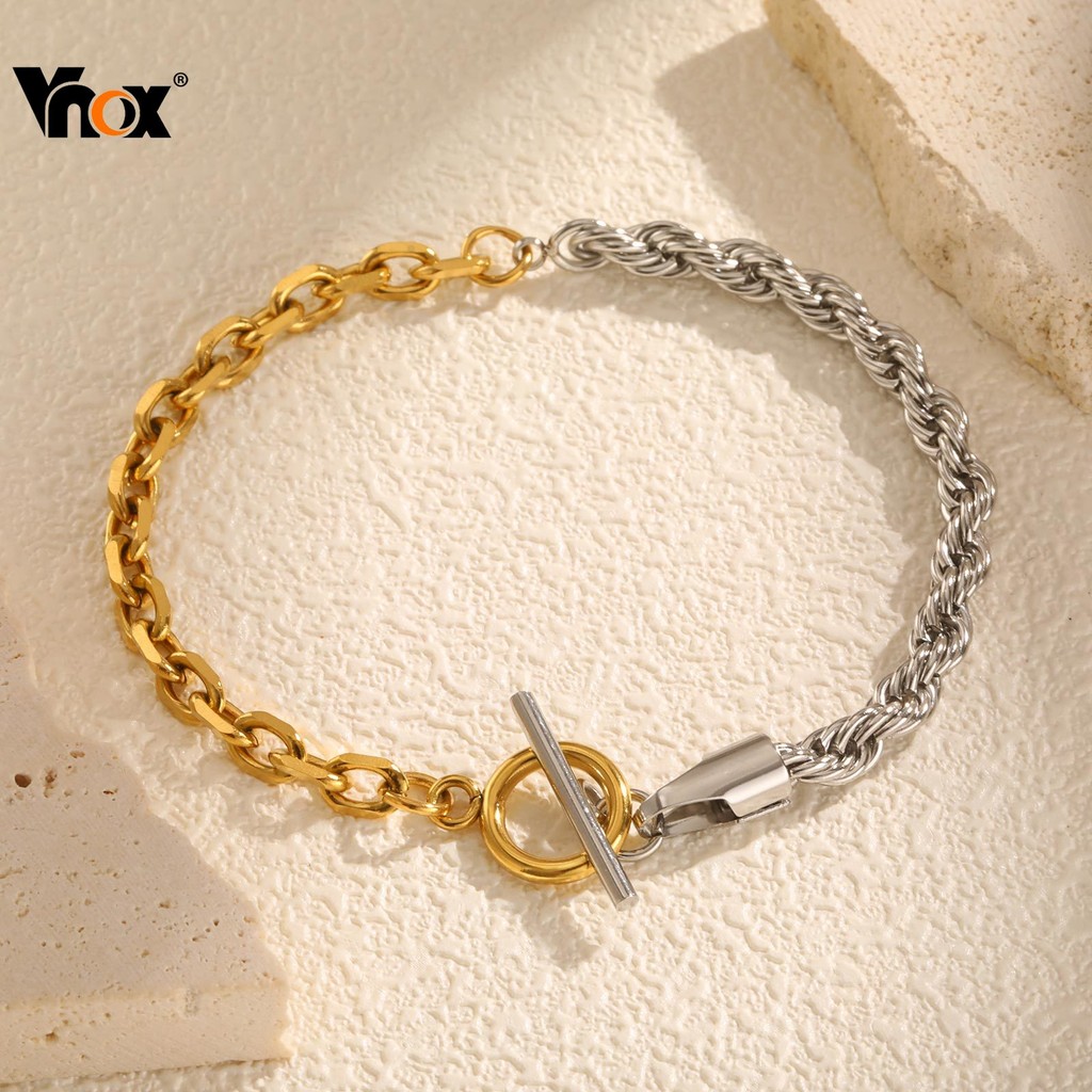 Vnox Duas Cores Massa Frita Torções Ângulo Corrente Pulseira Colar Conjunto Para Mulheres Ajustável De Aço Inoxidável Se