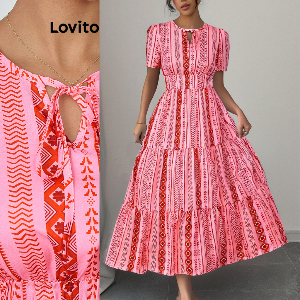 Lovito Vestido Boho Tribal estampado com cadarço em camadas para mulheres  LBL22546 - Women Clothes