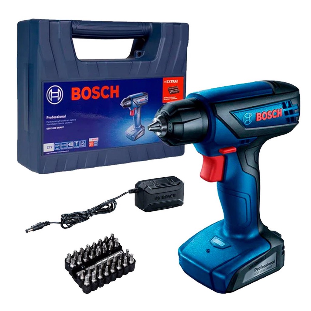 Parafusadeira GSR 1000 Smart Bosch 12V Bivolt Furadeira com 33 Bits Acessórios