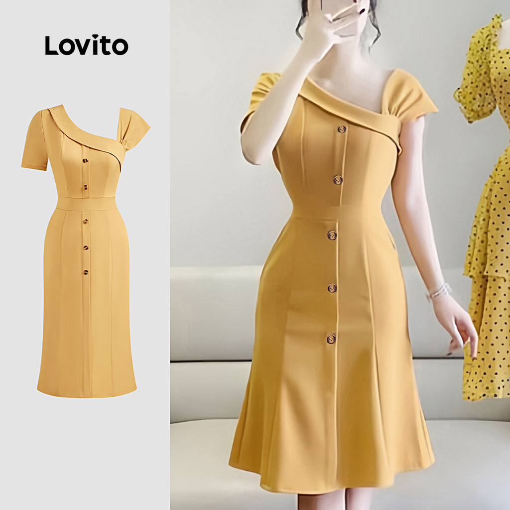 (Trendy) Lovito Vestido Casual liso assimétrico para mulheres L128ED405 em Oferta na Shopee