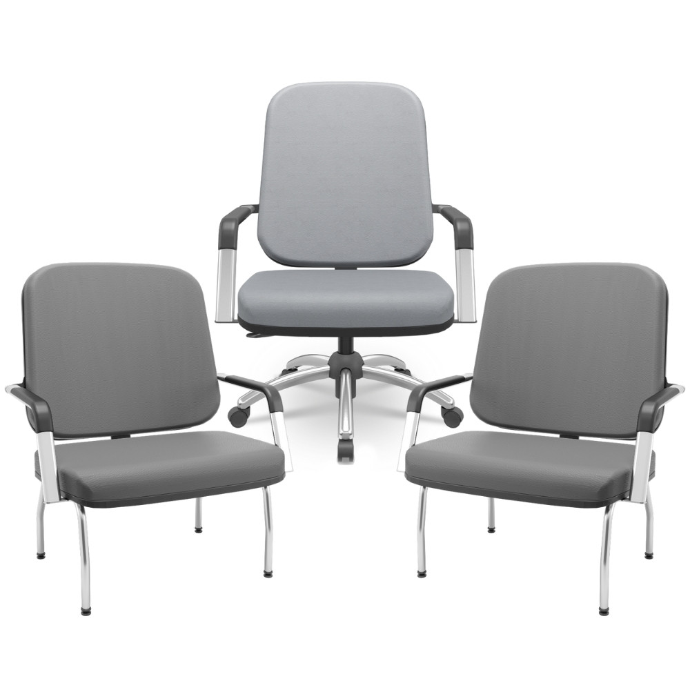 Kit Cadeira de Escritório Giratória e 2 Cadeiras Fixas Cromada Magno P03 Vinil Cinza - Lyam Decor
