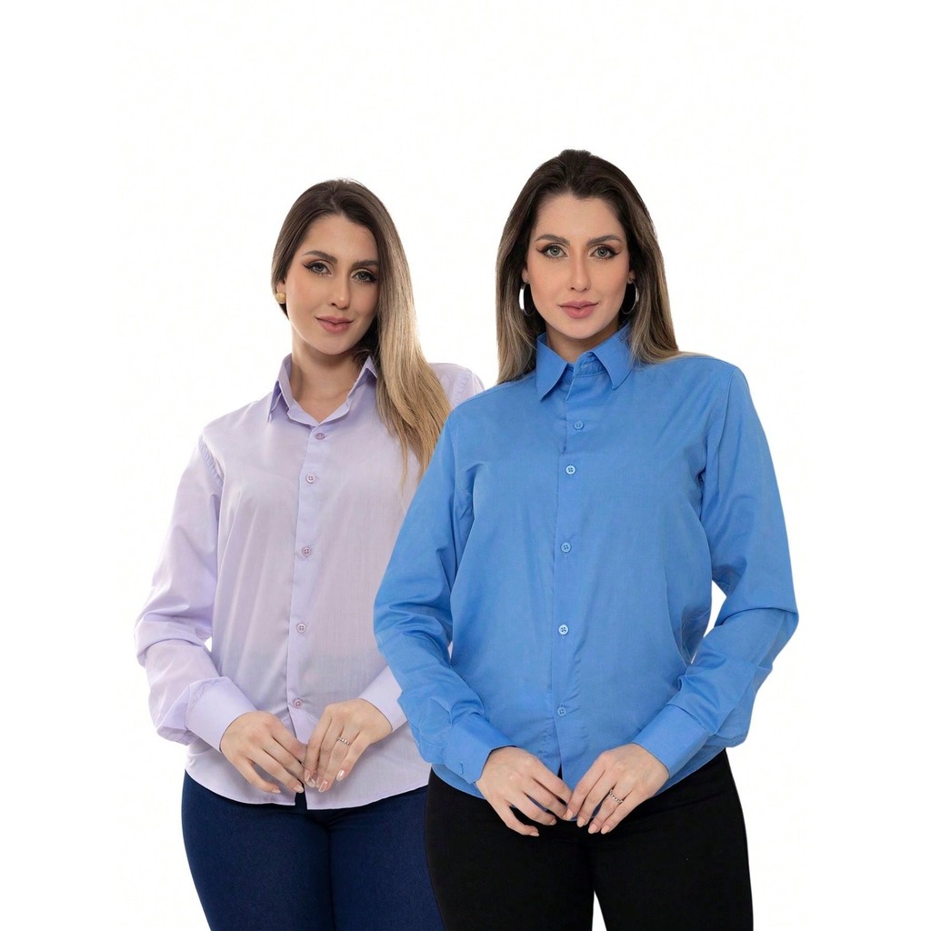 KIT Feminino 2 Peças - Camisa Social Manga Longa Slim Lisa Lilás e Camisa Social Manga Longa Slim Lisa Azul Motorista