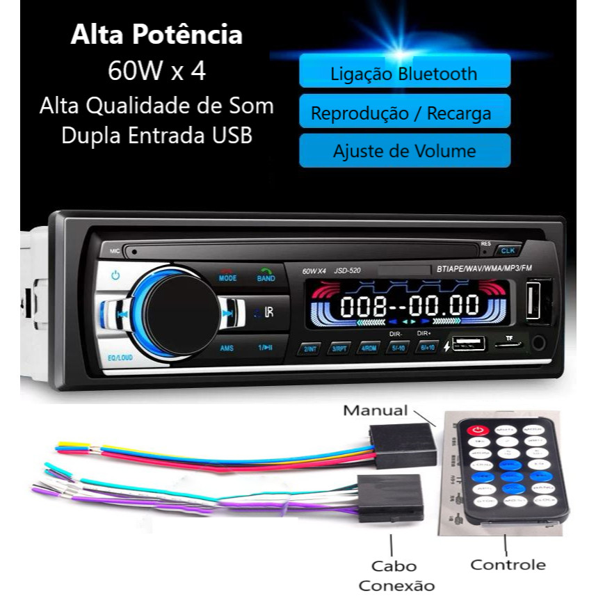 Aparelho De Som Automotivo Rádio 25W De Carro Bluetooth Pendrive SD Rádio Aux In Mp3 Player Multicolor Visor Led JSD-520
