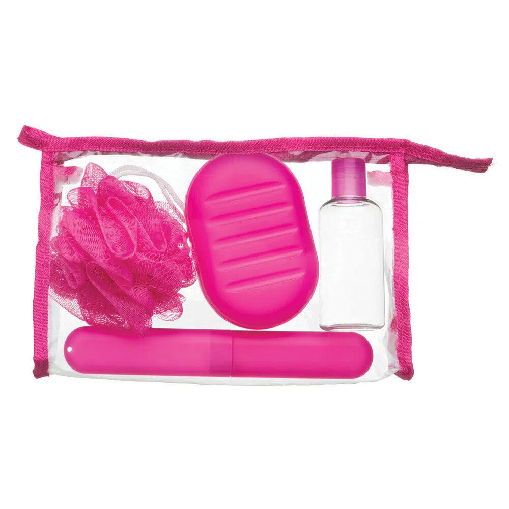 Kit p/ Viagem Banho Rosa Saboneteira Esponja Porta Escova 4 Peças Ricca
