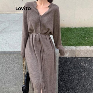 Lovito Vestido casual liso com renda e cinto dividido na frente para mulheres LNL53039
