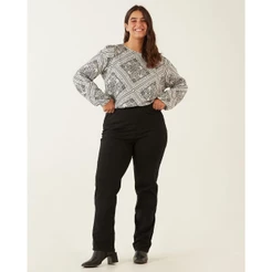 Calça Reta Básica Feminina Plus Size Cintura Média Em Algodão