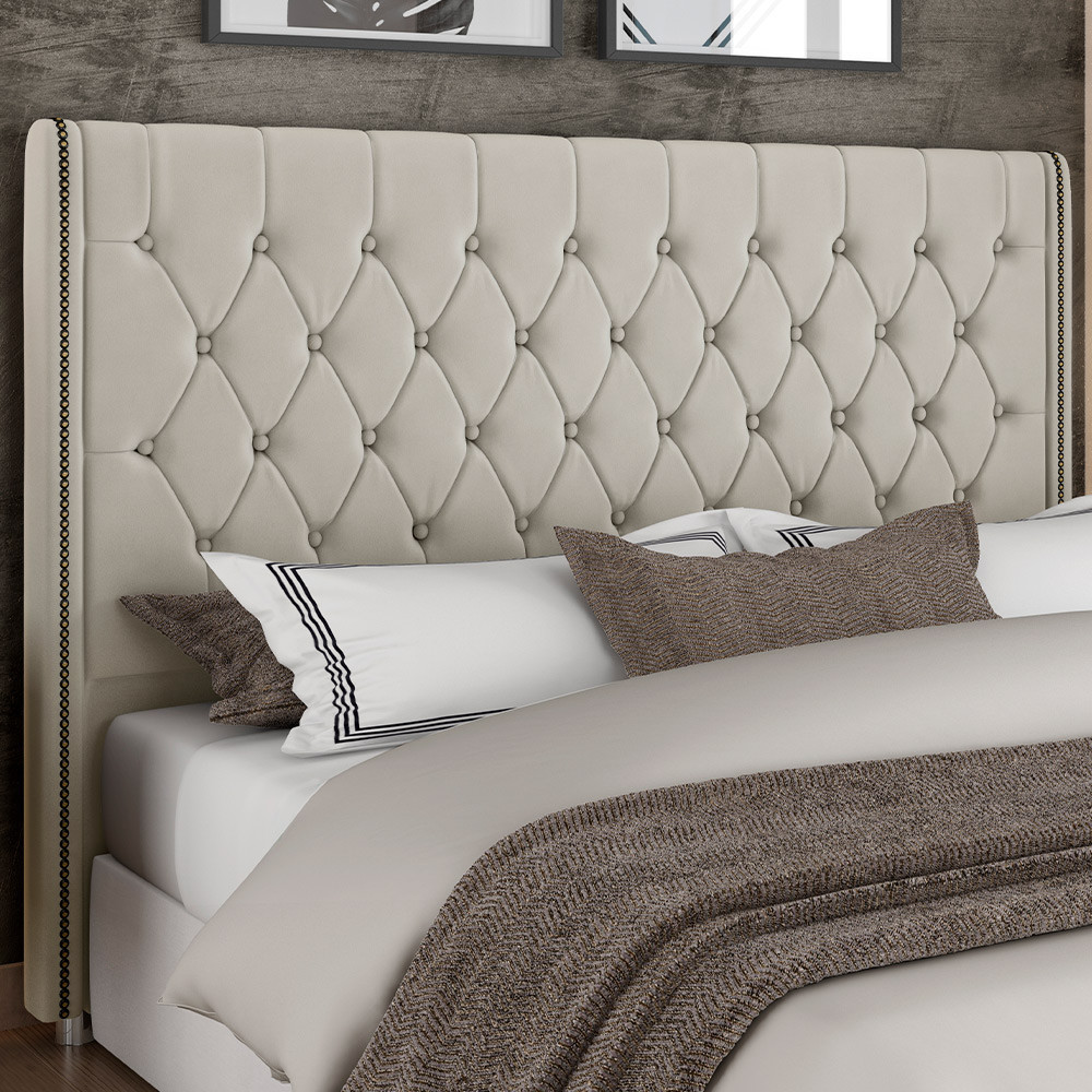 Cabeceira Cama Box Queen 160cm Estofada Frizza P05 Veludo Bege - Lyam Decor em Oferta na Shopee