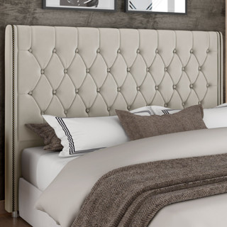 Cabeceira Cama Box Queen 160cm Estofada Frizza P05 Veludo Bege - Lyam Decor em Oferta na Shopee