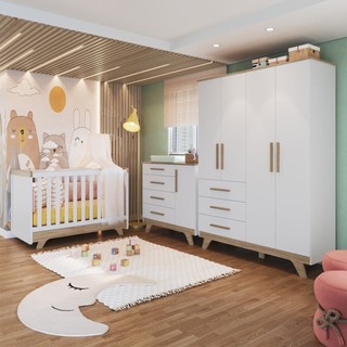 Quarto de Bebê Completo com Guarda Roupa, Cômoda e Berço 100% MDF Jolie Retrô Espresso Móveis Branco em Oferta na Shopee