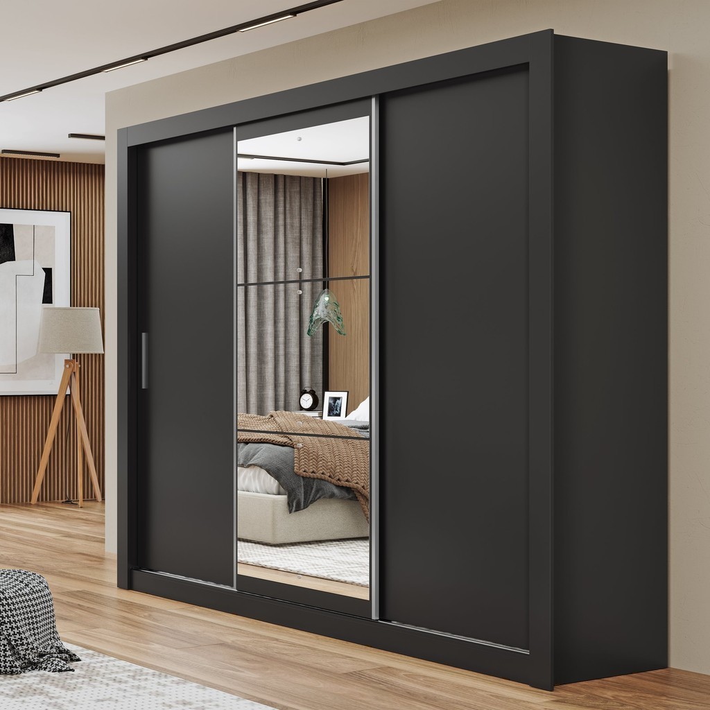 Guarda-Roupa Casal com Espelho 3 Portas 4 Gavetas 185,5cm Viena Yescasa Preto em Oferta na Shopee