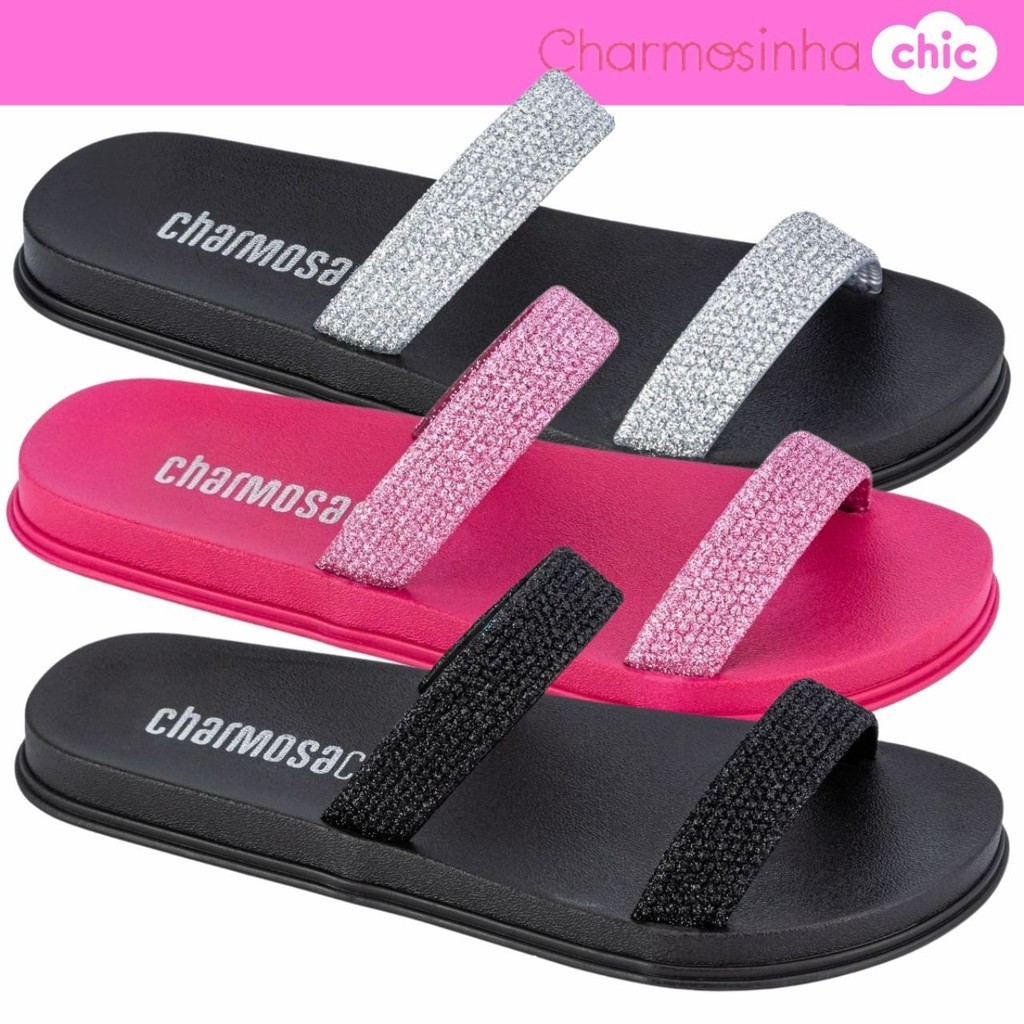 Sandália Papete Charmosinha Infantil  Shine Duas Tiras Glitter conforto em Oferta na Shopee