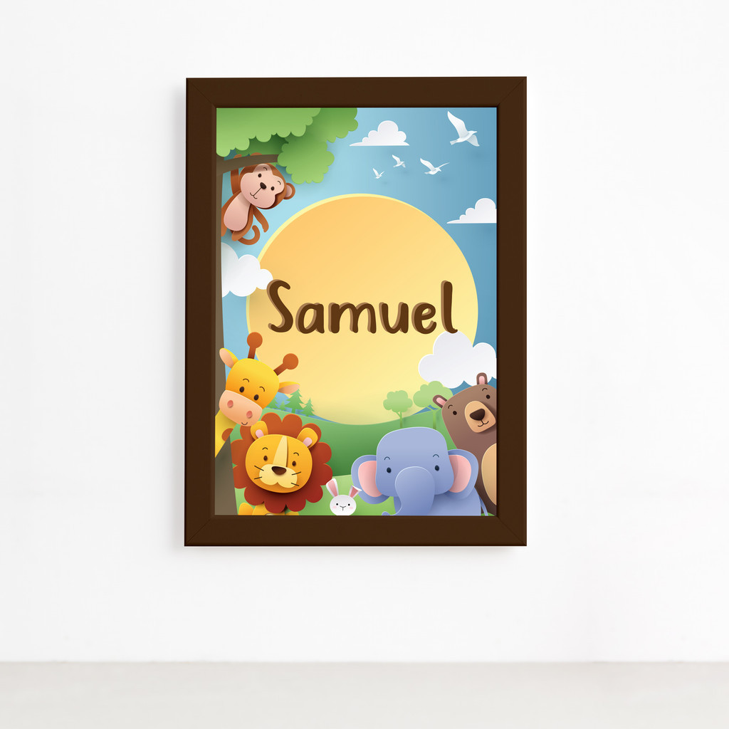 Quadro Infantil Safari Feliz Nome Personalizado Marrom 22x32
